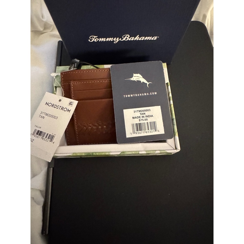 Tommy Bahama Mens Leather Card Case Wallet Slim Tan Nordstrom New with Box - Picture 3 of 6